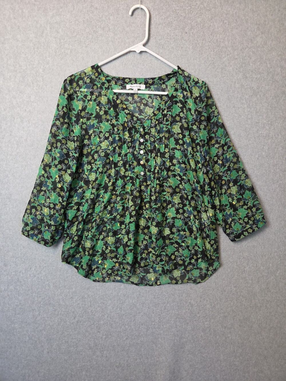 Rose + Olive Black Green Floral 3/4 Sleeve Pleated Sheer Blouse Women's Medium